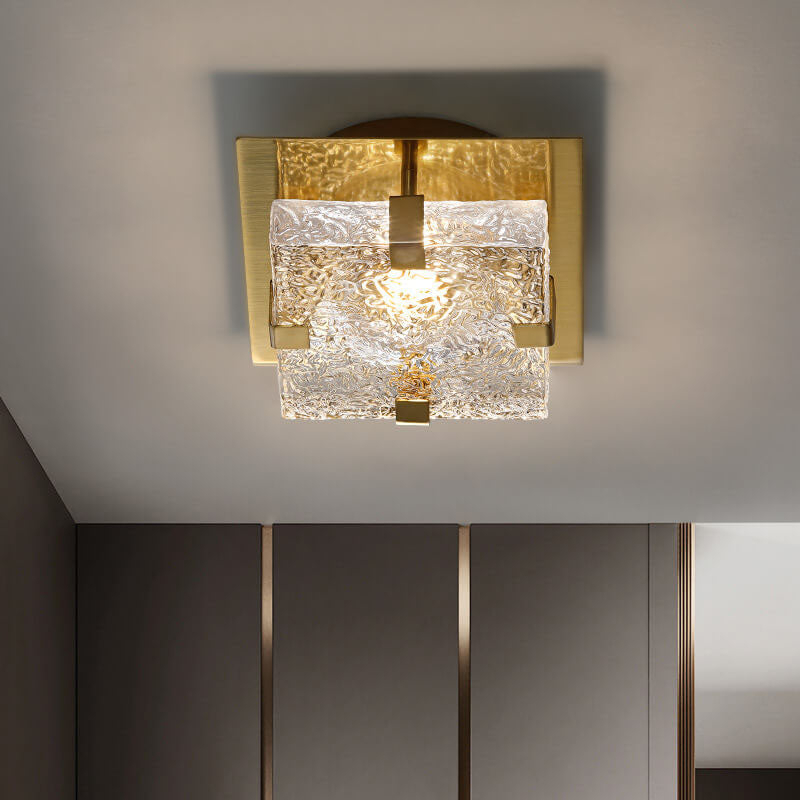 Lámpara de techo semiempotrada Nordic Luxury Cube con cristal texturizado, moderna lámpara de techo LED de metal dorado HTD-IWG400B57 1