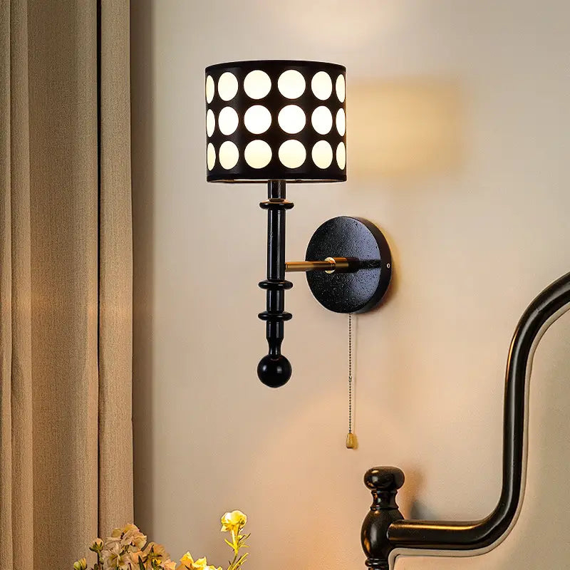 French Vintage Polka Dot Fabric Wall Sconce with Wood Base Pull Chain Wall Lamp for Bedroom Living Room HTD-IWM400B58 1