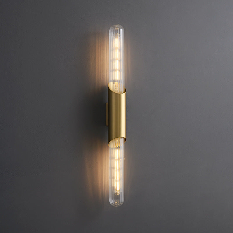 Minimalist Cylindrical Ribbed Glass Wall Sconce Brass LED Wall Light for Bathroom Vanity Bedroom Hallway HTD-IWG400B48 1