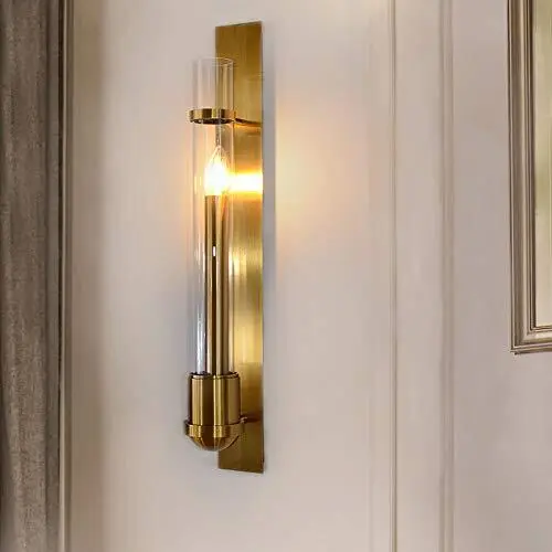 Luxury Brass Wall Sconce with Clear Cylindrical Glass Shade LED Wall Light for Bedroom Living Room Hallway HTD-IWG400A89 1