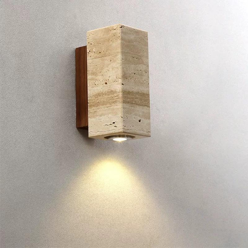 Wabi-Sabi Travertine Rectangular Wall Sconce Walnut Wood Base LED Wall Lamp for Bedroom Living Room Hallway HTD-IWST4006155 1