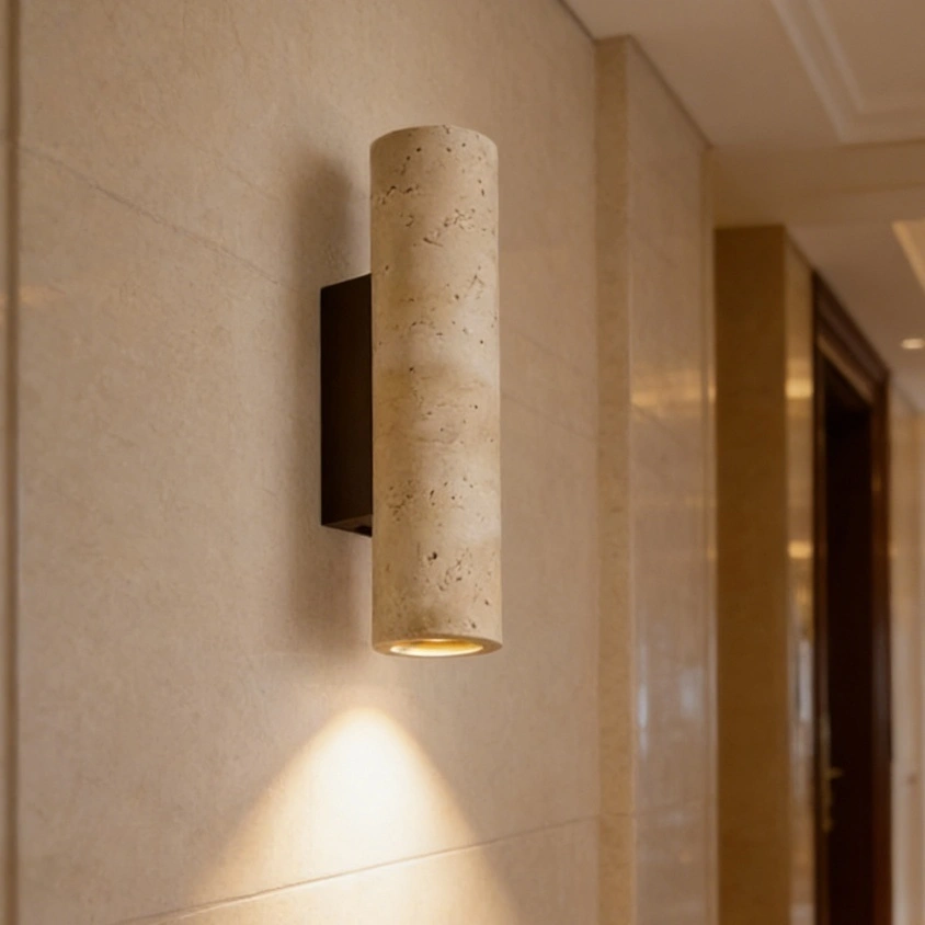Wabi-Sabi Travertine Cylindrical Wall Sconce Walnut Wood Base Single-End LED Wall Lamp for Bedroom Living Room Hallway HTD-IWST4006152 1