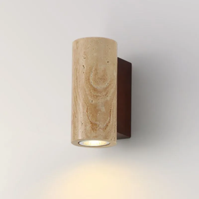 Wabi-Sabi Glossy Travertine Cylindrical Wall Sconce Walnut Wood Base Single-End LED Wall Lamp for Bedroom Living Room Hallway HTD-IWST4006141 1