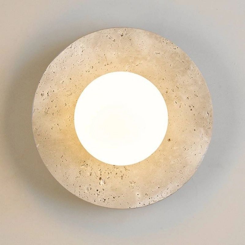 Wabi Sabi Circular Travertine Wall Sconce with Central Opal Glass Globe Wall Lamp for Bedroom Living Room HTD-IWST4006275 1