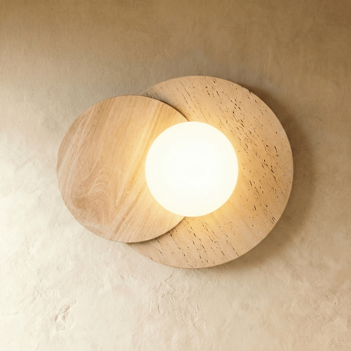 Wabi Sabi Overlapping Double Travertine Wall Sconce with Central LED Globe Wall Lamp for Bedroom Living Room Hallway HTD-IWST4006272 1
