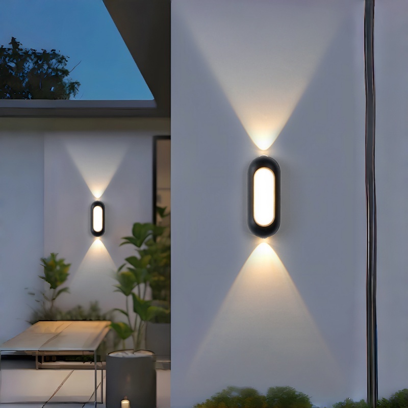 مصباح جداري خارجي بيضاوي مجوف، مقاوم للماء بمعيار IP65، إضاءة LED علوية وسفلية، مصباح جداري من الألومنيوم المصبوب، 7-12 واط، 3000 كلفن، أسود/أبيض/رمادي/ذهبي، مناسب للفيلات والباحات والحدائق HTD-EW4203 6