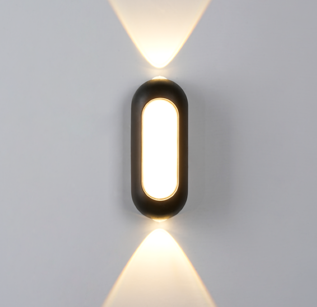 مصباح جداري خارجي بيضاوي مجوف، مقاوم للماء بمعيار IP65، إضاءة LED علوية وسفلية، مصباح جداري من الألومنيوم المصبوب، 7-12 واط، 3000 كلفن، أسود/أبيض/رمادي/ذهبي، مناسب للفيلات والباحات والحدائق HTD-EW4203 3