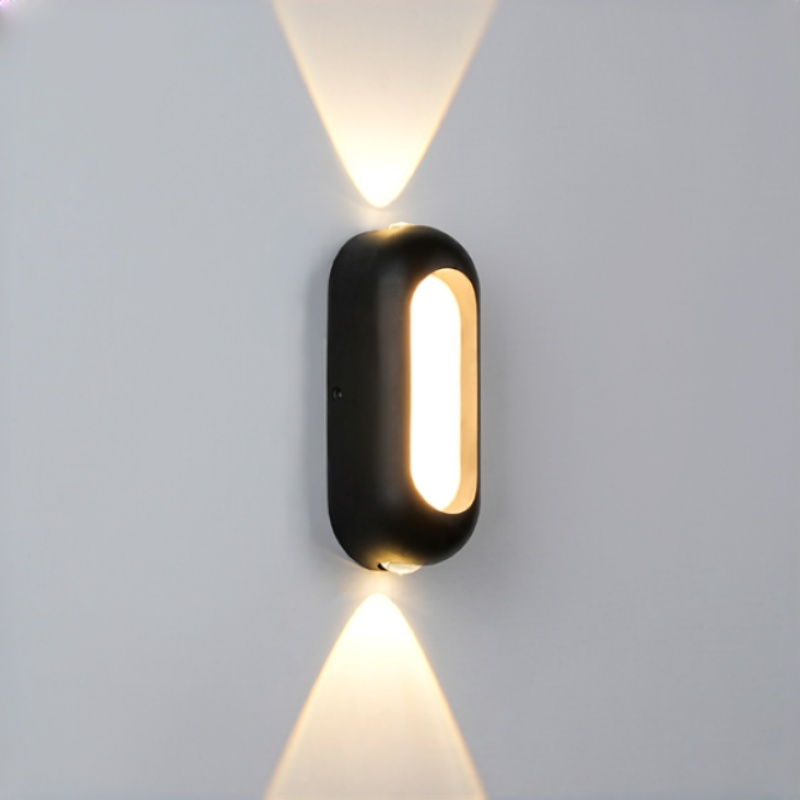 مصباح جداري خارجي بيضاوي مجوف، مقاوم للماء بمعيار IP65، إضاءة LED علوية وسفلية، مصباح جداري من الألومنيوم المصبوب، 7-12 واط، 3000 كلفن، أسود/أبيض/رمادي/ذهبي، مناسب للفيلات والباحات والحدائق HTD-EW4203 4
