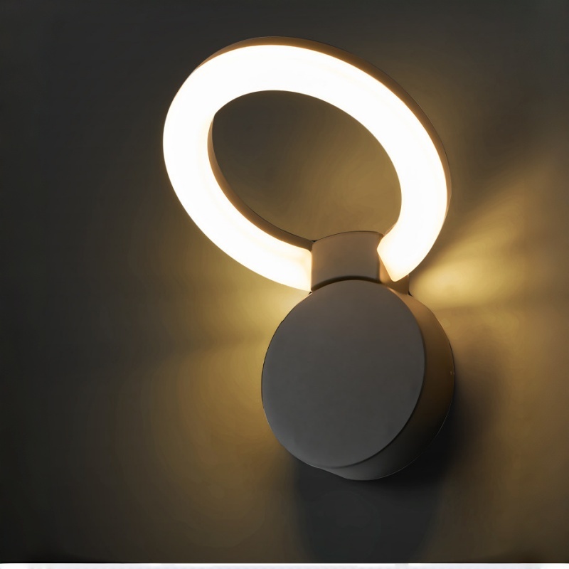 Serie de apliques de pared exteriores modernos con anillo circular, aro iluminado con base redonda, 2 tamaños disponibles, negro, blanco y gris, HTD-EW4102 5
