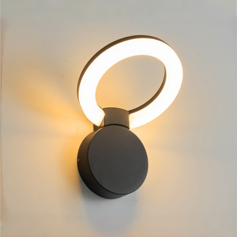 Serie de apliques de pared exteriores modernos con anillo circular, aro iluminado con base redonda, 2 tamaños disponibles, negro, blanco y gris, HTD-EW4102 3