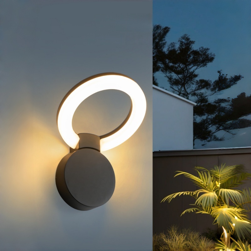 Serie de apliques de pared exteriores modernos con anillo circular, aro iluminado con base redonda, 2 tamaños disponibles, negro, blanco y gris, HTD-EW4102 1