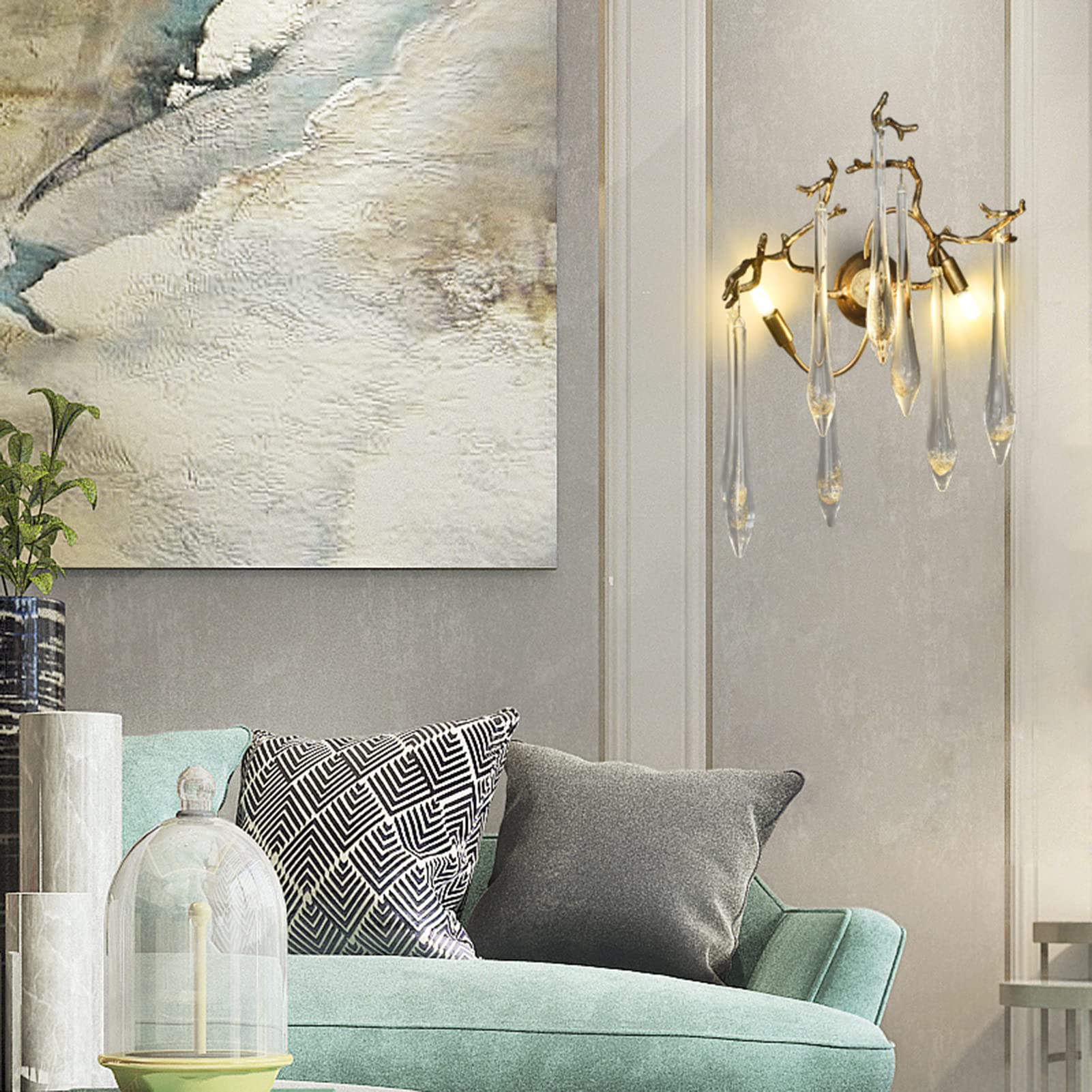 Applique murale de luxe légère en forme de branche dorée, inspirée des branches naturelles, avec cristaux en forme de goutte d'eau, HTD-IP3106001W 3