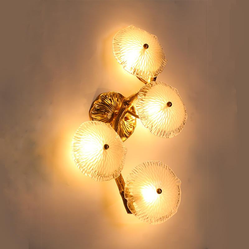 Applique murale vintage à base florale dorée, disque en verre côtelé, luminaire LED pour couloir HTD-IP3106010W-4 1