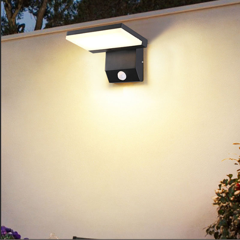 Applique murale extérieure carrée moderne en forme de L, panneau à éclairage indirect avec base géométrique, noir, blanc, gris, HTD-EW4418-1 4