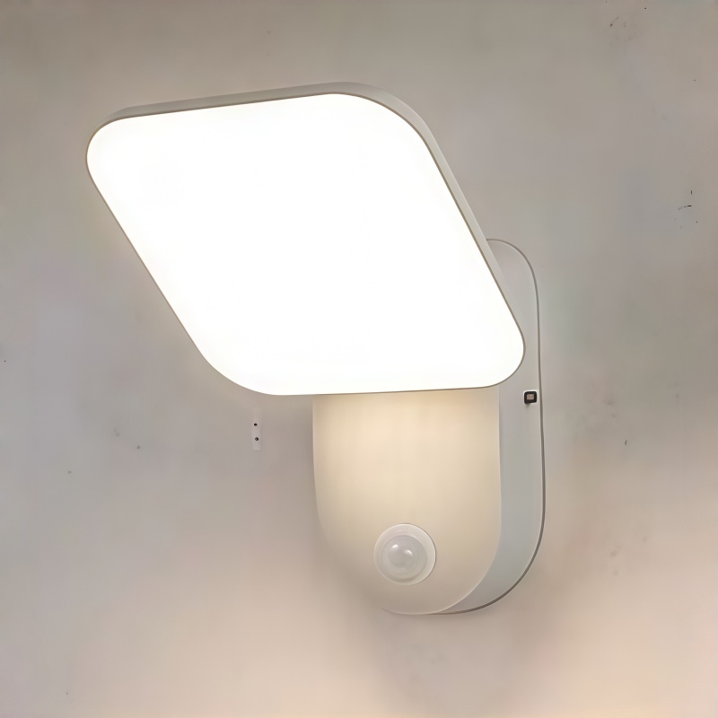 مصباح جداري خارجي عصري قابل للتعديل مزود بمستشعر حركة، تصميم رأس هزاز بقاعدة بيضاوية ولوحة إضاءة مائلة، أسود أبيض رمادي، HTD-EW4418 2