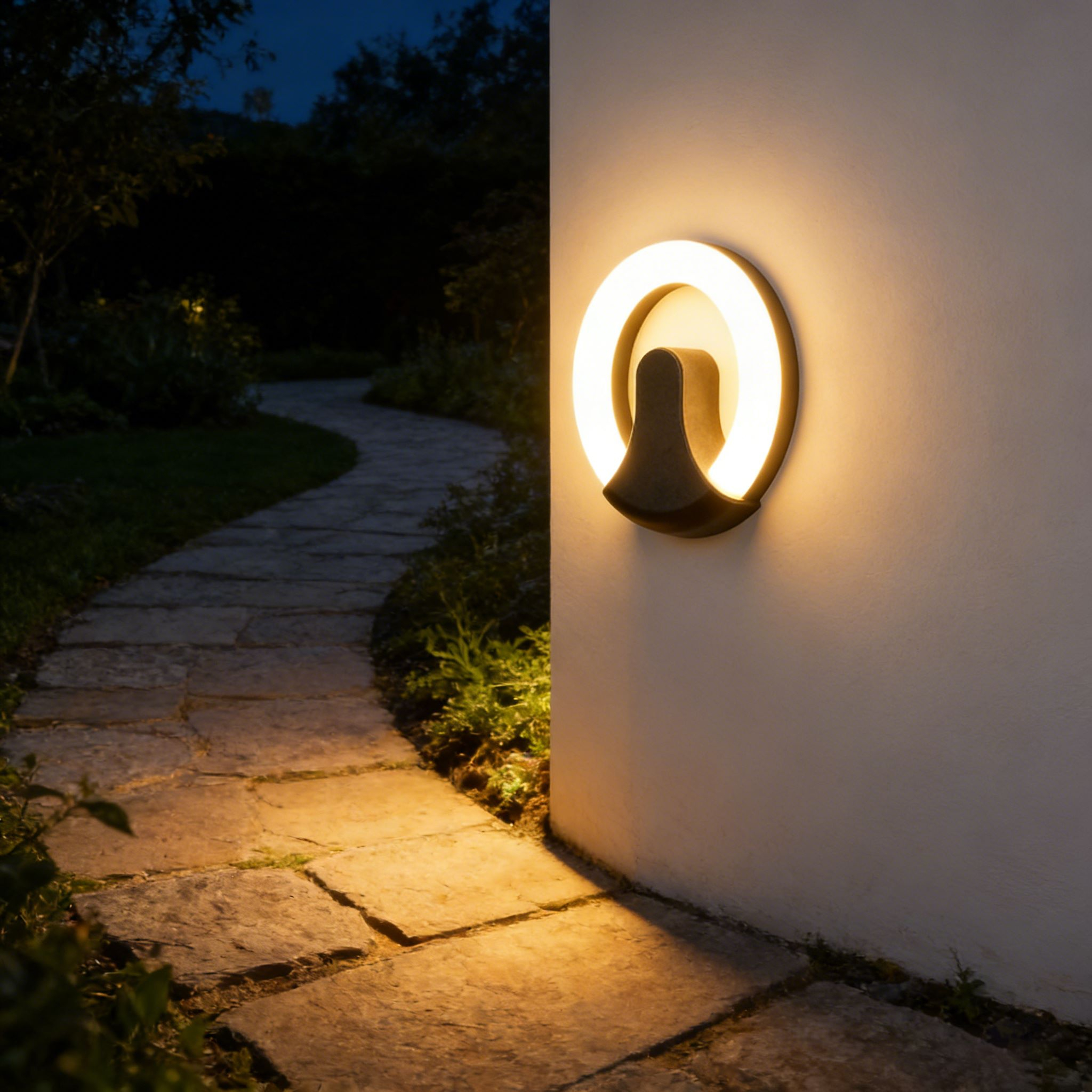 Aplique de pared exterior circular moderno con forma de anillo y recorte, aro iluminado con base negra, 4 colores disponibles, HTD-EW4107 3