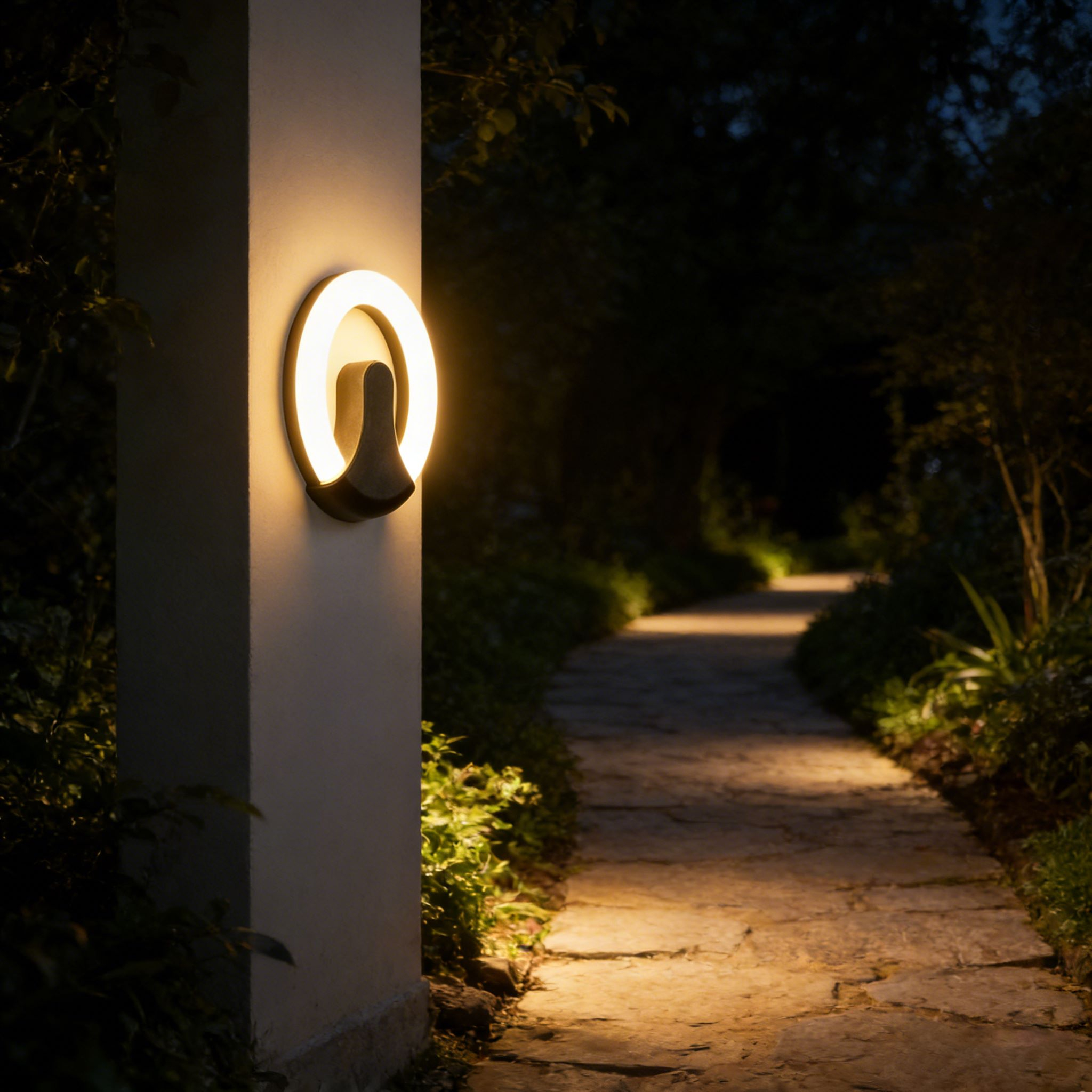 Aplique de pared exterior circular moderno con forma de anillo y recorte, aro iluminado con base negra, 4 colores disponibles, HTD-EW4107 4