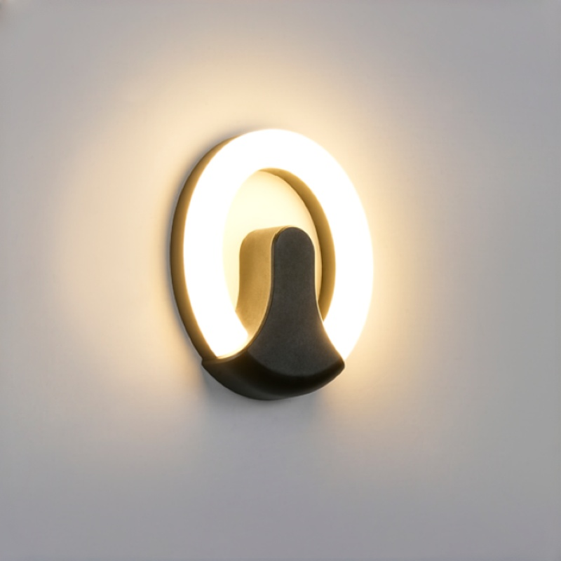 Aplique de pared exterior circular moderno con forma de anillo y recorte, aro iluminado con base negra, 4 colores disponibles, HTD-EW4107 1