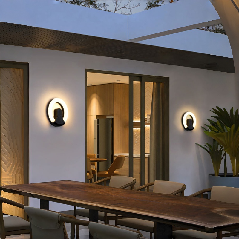 Aplique de pared exterior circular moderno con forma de anillo y recorte, aro iluminado con base negra, 4 colores disponibles, HTD-EW4107 2