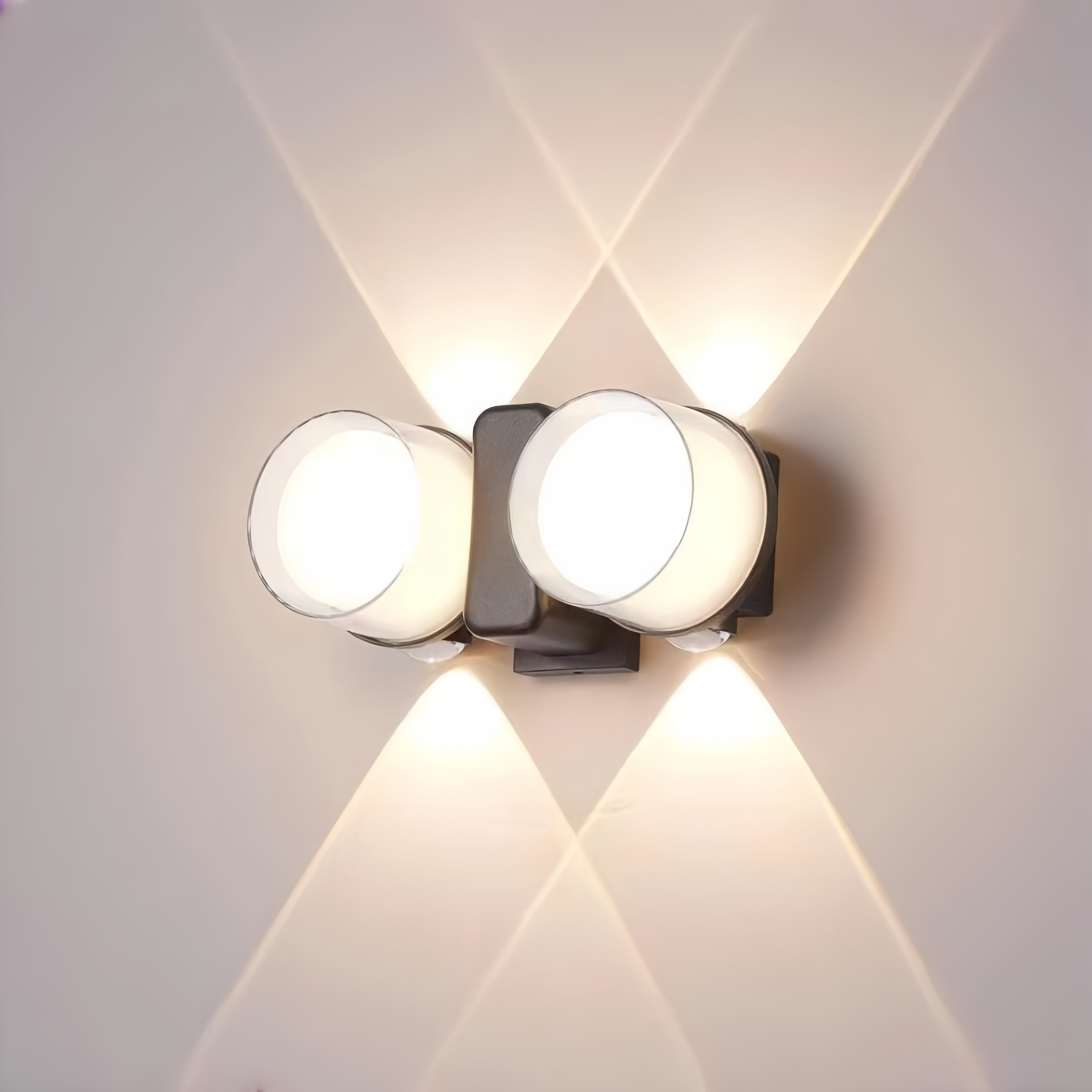 Aplique de pared exterior moderno de doble cabezal, dos lámparas redondas con efecto de haz cruzado, negro, blanco y gris, HTD-EW4307 1