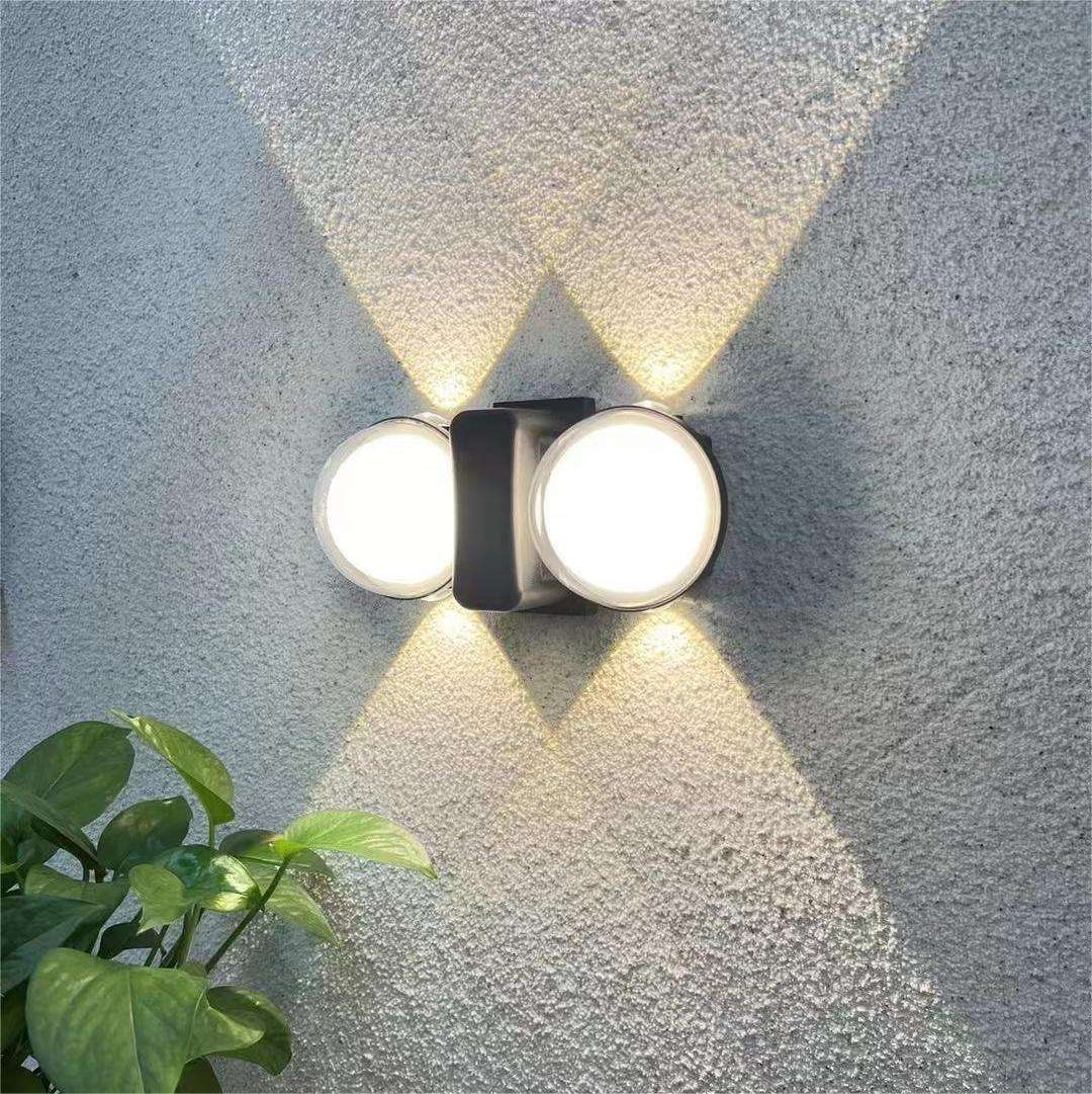 Aplique de pared exterior moderno de doble cabezal, dos lámparas redondas con efecto de haz cruzado, negro, blanco y gris, HTD-EW4307 4