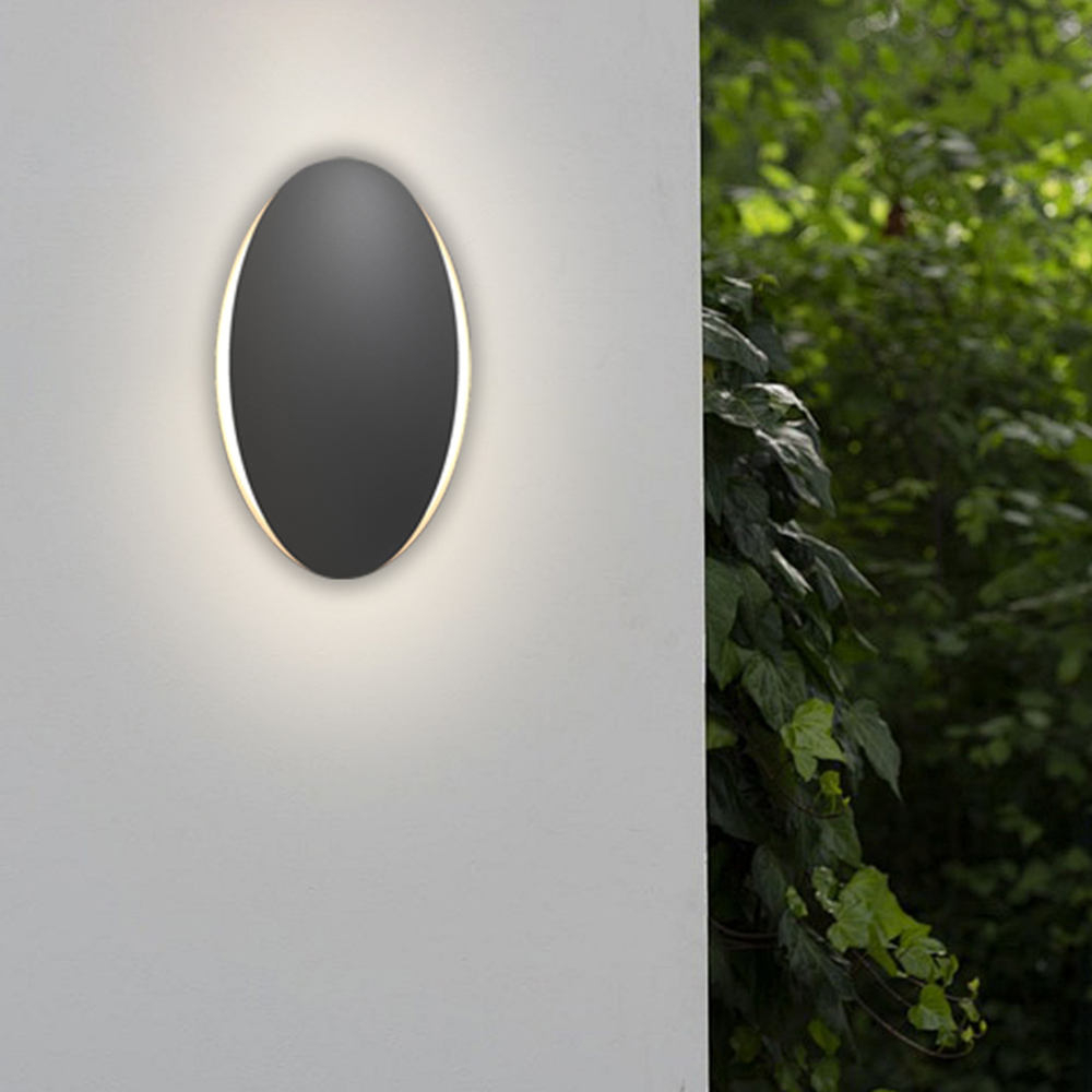 Aplique de pared exterior ovalado moderno, centro negro con brillo en los bordes, diseño minimalista retroiluminado, negro, blanco y gris, HTD-EW4209 3
