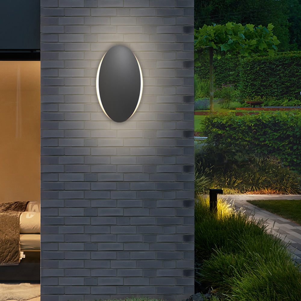 Aplique de pared exterior ovalado moderno, centro negro con brillo en los bordes, diseño minimalista retroiluminado, negro, blanco y gris, HTD-EW4209 2