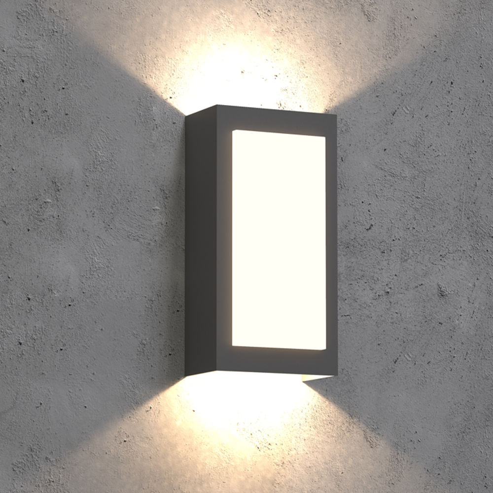 Aplique de pared exterior rectangular moderno, panel luminoso frontal completo con haces de luz hacia arriba y hacia abajo, negro, blanco y gris, HTD-EW4419-198 3