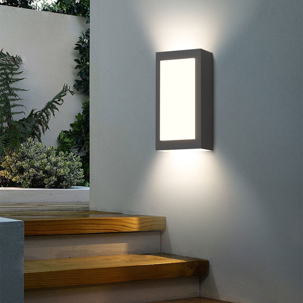 Aplique de pared exterior rectangular moderno, panel luminoso frontal completo con haces de luz hacia arriba y hacia abajo, negro, blanco y gris, HTD-EW4419-198 4