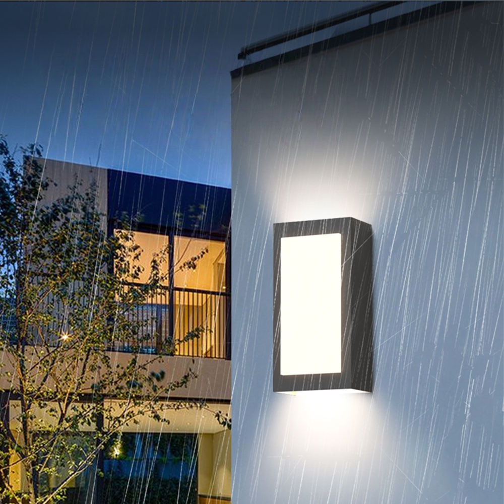 Aplique de pared exterior rectangular moderno, panel luminoso frontal completo con haces de luz hacia arriba y hacia abajo, negro, blanco y gris, HTD-EW4419-198 5