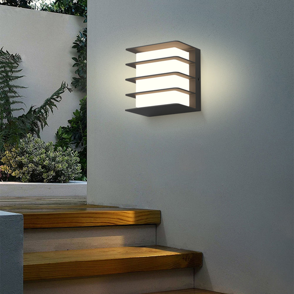 Aplique de pared exterior moderno de tres niveles con lamas, cuerpo cuadrado con listones horizontales y luz retroiluminada, negro, blanco y gris, HTD-EW4421-177 6