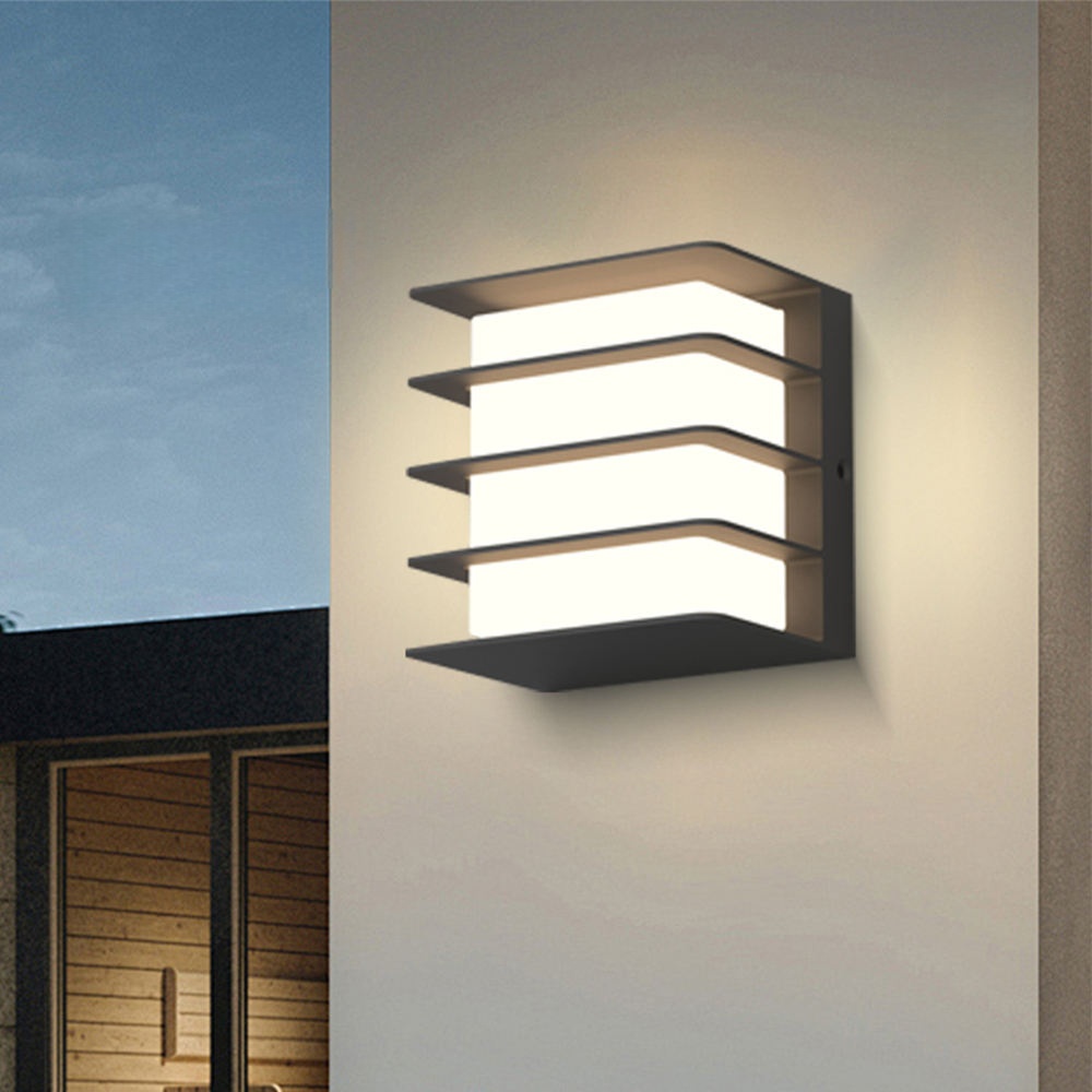 Aplique de pared exterior moderno de tres niveles con lamas, cuerpo cuadrado con listones horizontales y luz retroiluminada, negro, blanco y gris, HTD-EW4421-177 1