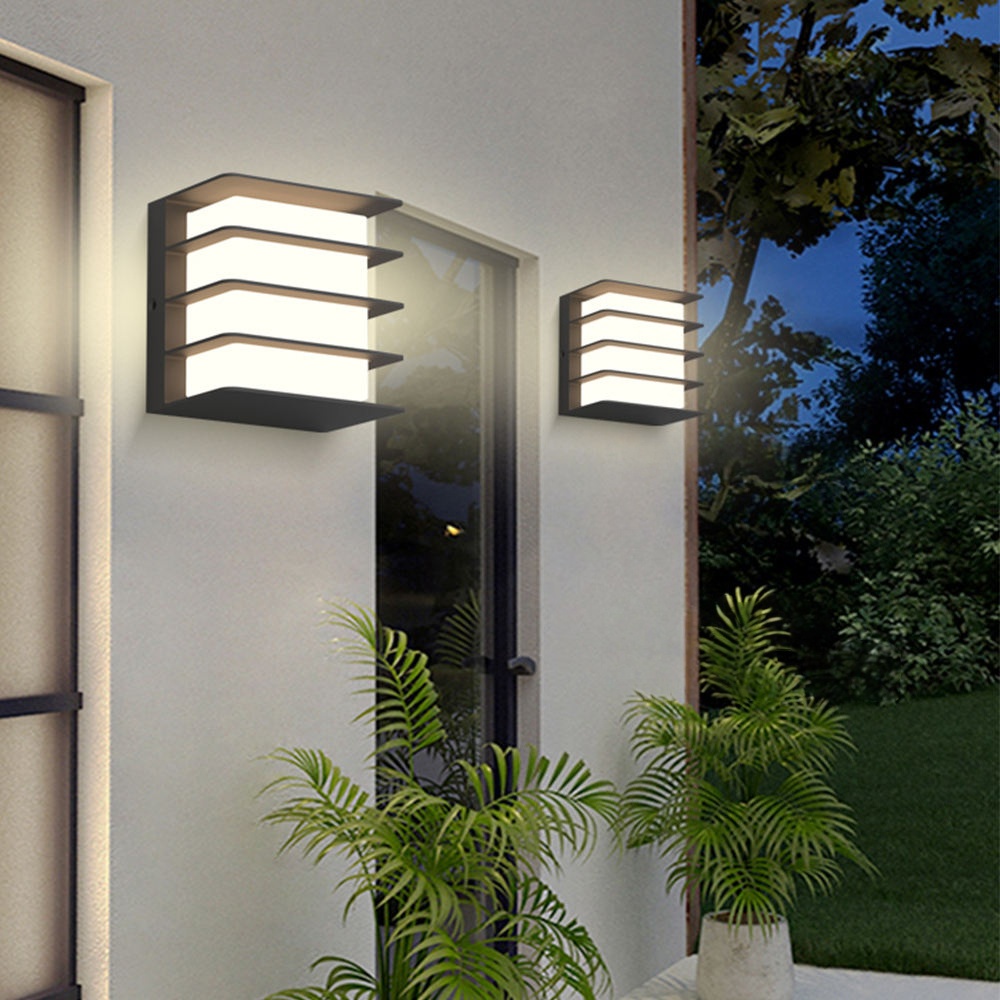 Aplique de pared exterior moderno de tres niveles con lamas, cuerpo cuadrado con listones horizontales y luz retroiluminada, negro, blanco y gris, HTD-EW4421-177 4