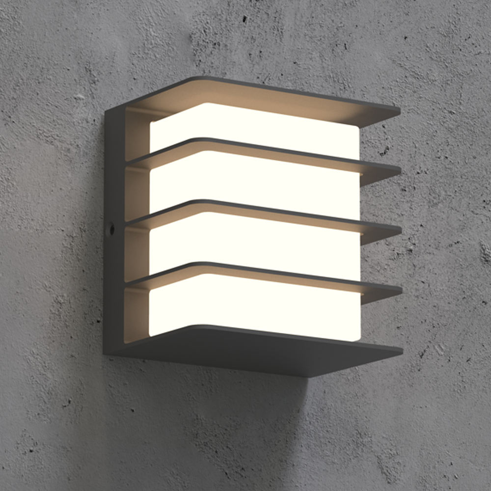 Aplique de pared exterior moderno de tres niveles con lamas, cuerpo cuadrado con listones horizontales y luz retroiluminada, negro, blanco y gris, HTD-EW4421-177 2