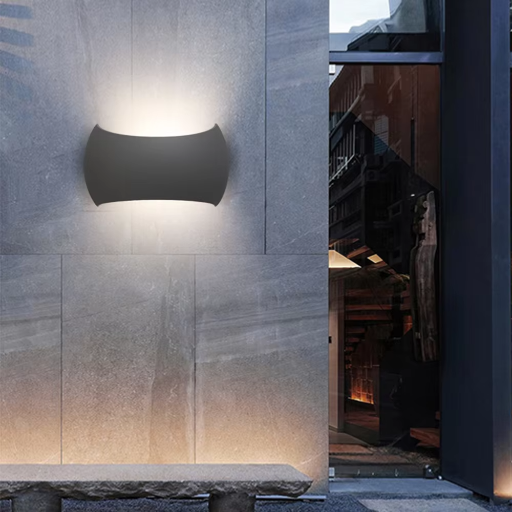 Aplique de pared exterior moderno y curvo, con cuerpo ondulado y luz bidireccional, disponible en negro, blanco y gris, HTD-EW5604 5