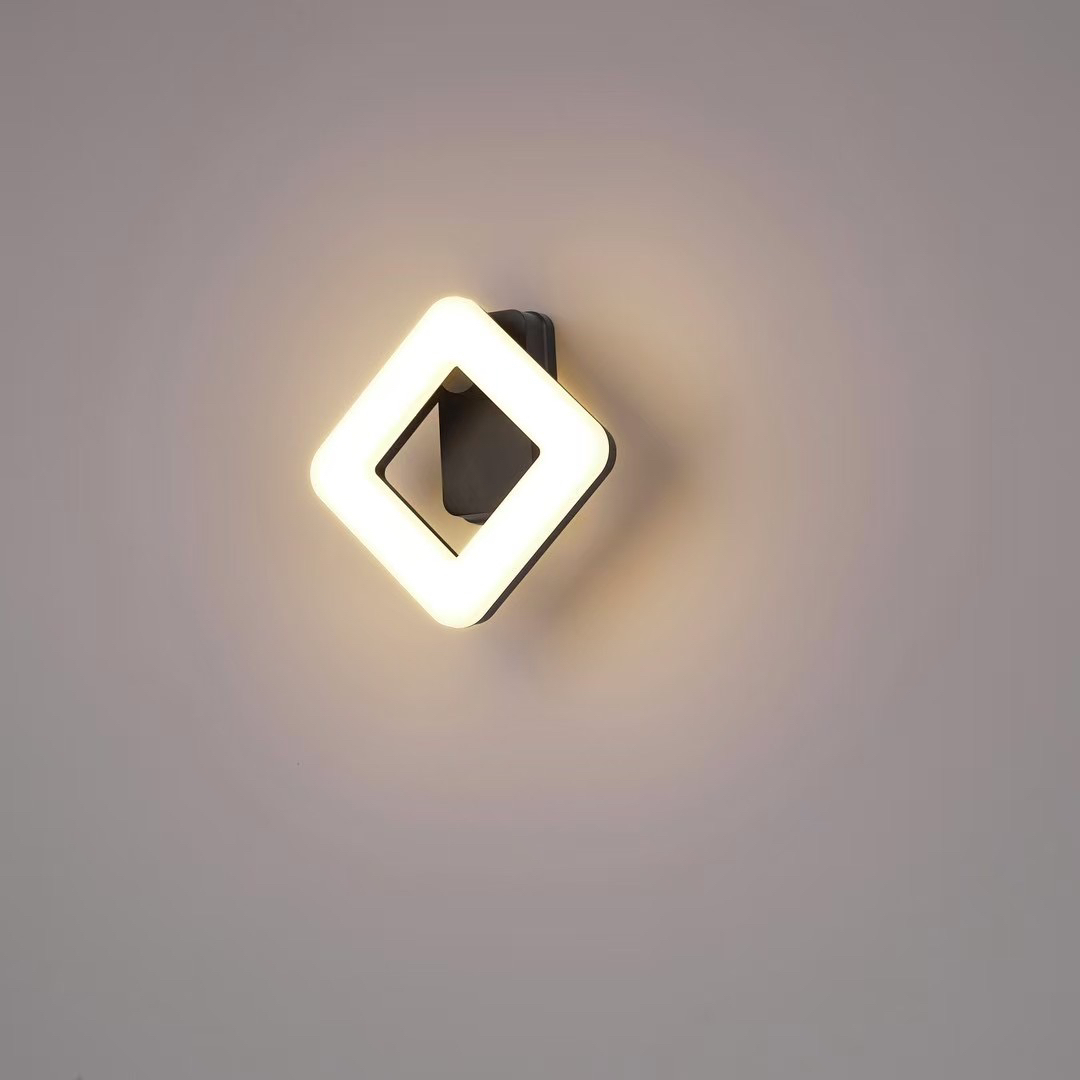 Aplique de pared exterior moderno con forma de anillo de diamante, aro iluminado con base cuadrada negra, negro, blanco y gris, HTD-EW4109 1