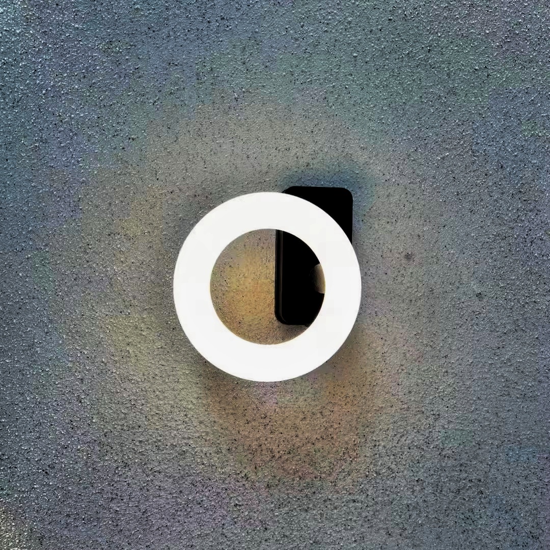 Aplique de pared exterior moderno con anillo circular, aro iluminado con base rectangular vertical, negro, blanco y gris, HTD-EW4110 2