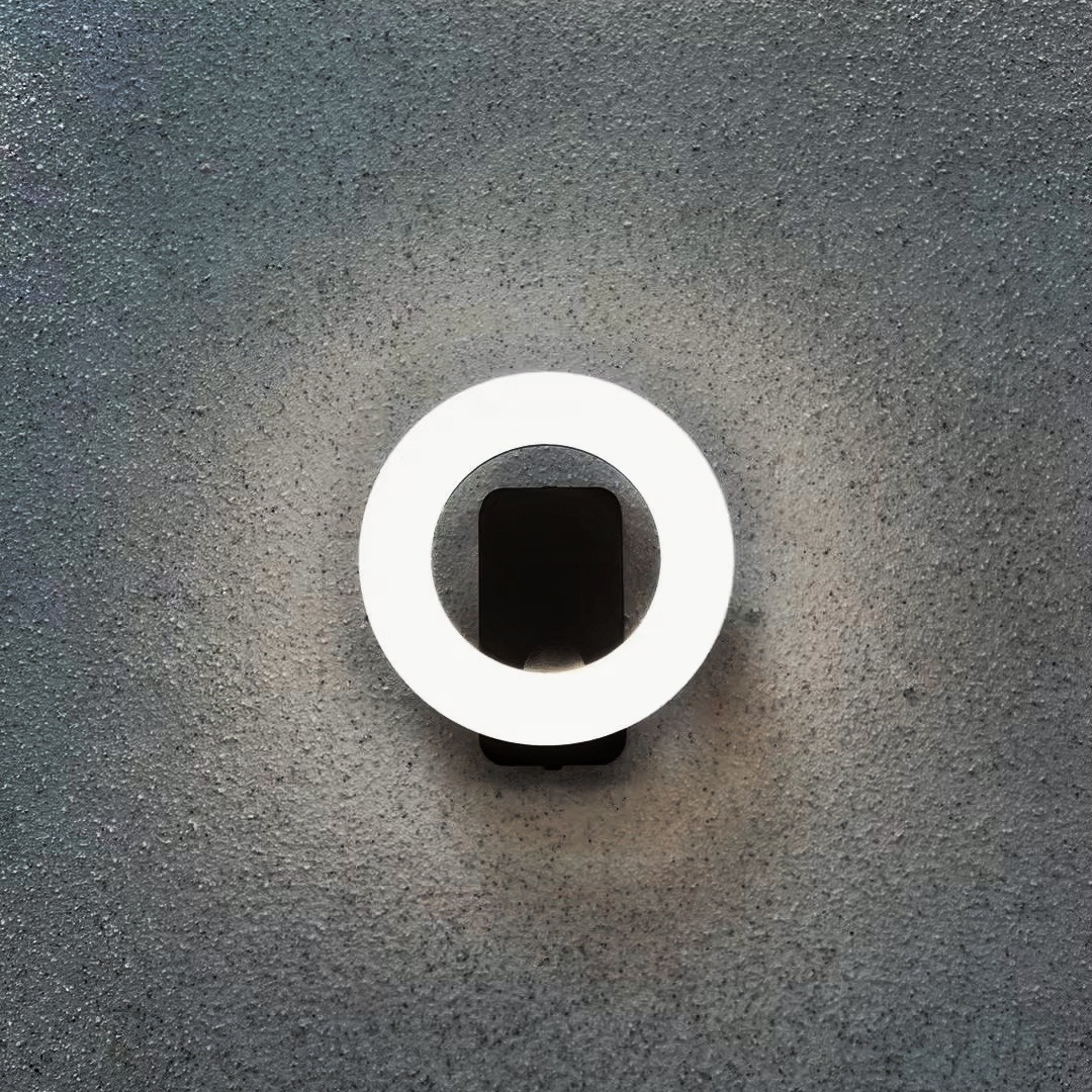 Aplique de pared exterior moderno con anillo circular, aro iluminado con base rectangular vertical, negro, blanco y gris, HTD-EW4110 1