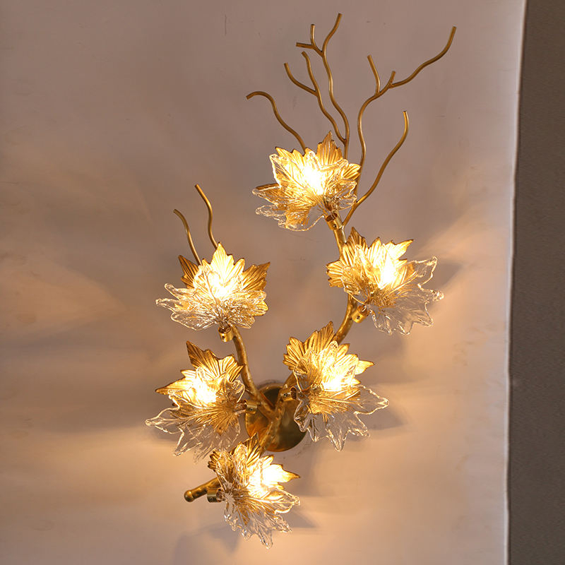 Aplique de pared de lujo con forma de orquídea, cristal, rama curvada y base de latón, iluminación de acento para interiores de villas HTD-IP3106039WB 2