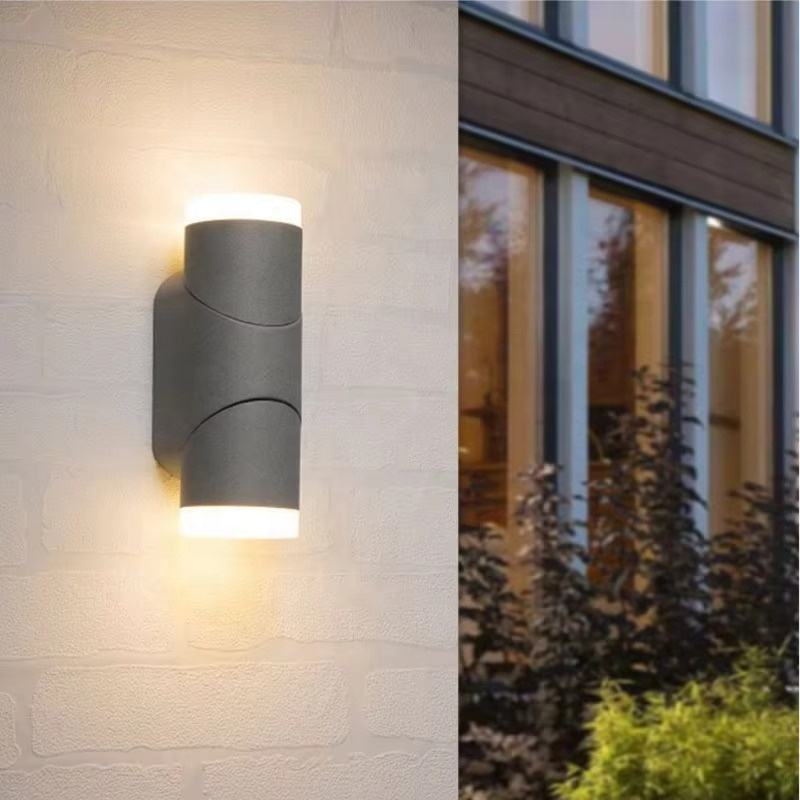 Aplique de pared exterior cilíndrico giratorio de doble cabezal, moderno, con iluminación hacia arriba y hacia abajo y ángulos ajustables, en negro, blanco y gris, HTD-EW4609 2