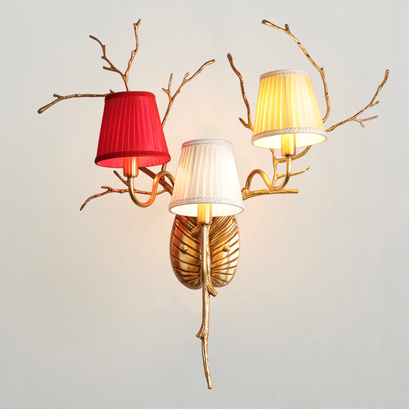 Applique murale en cuivre, motif branches de brindilles, abat-jour en tissu plissé multicolore, lampe murale de luxe pour chambre à coucher HTD-IP3106051W 1