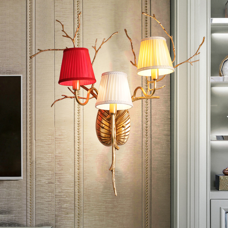 Applique murale en cuivre, motif branches de brindilles, abat-jour en tissu plissé multicolore, lampe murale de luxe pour chambre à coucher HTD-IP3106051W 2