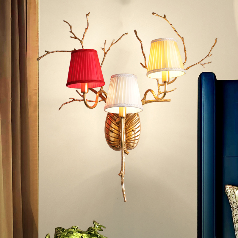Applique murale en cuivre, motif branches de brindilles, abat-jour en tissu plissé multicolore, lampe murale de luxe pour chambre à coucher HTD-IP3106051W 3
