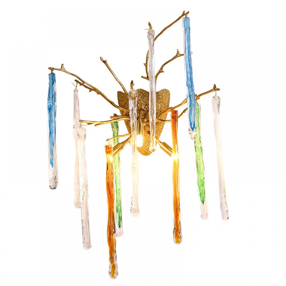 Applique murale à branches irrégulières, gouttes de verre multicolores en forme de glaçon, finition or antique, lampe d'appoint pour couloir HTD-IP3106052W 1