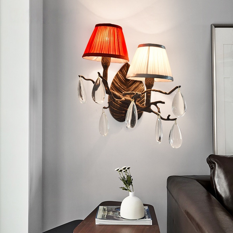 Lámpara de pared de dos luces Nature Twig con base de hoja de oro metálico y pantalla plisada de colores mixtos. Lámpara de entrada decorativa HTD-IP3106053W 2