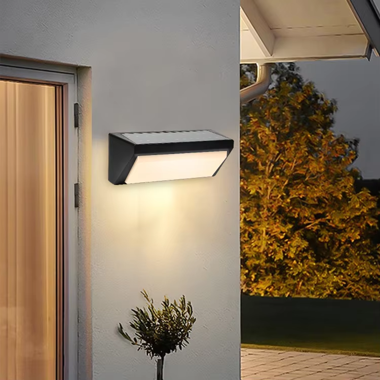 Aplique de pared exterior moderno con forma de cuña inclinada, marco negro con panel de luz descendente ancha, negro, blanco y gris, HTD-EW4512-2 1