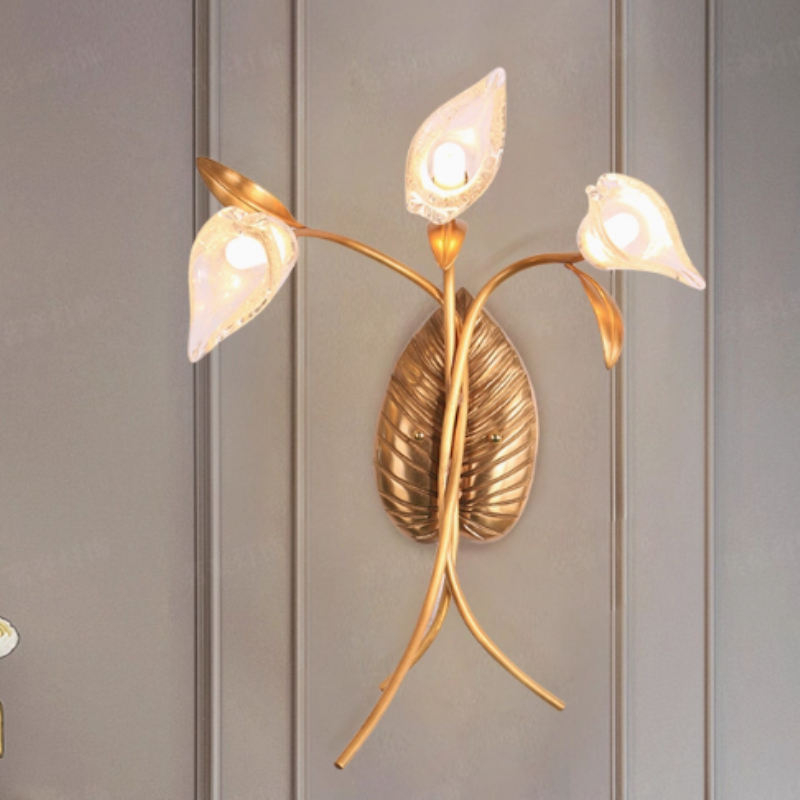 Aplique de pared de cristal con forma de lirio cala, placa trasera dorada con relieve de hoja, lámpara de pared decorativa para dormitorio HTD-IP3106054W 2