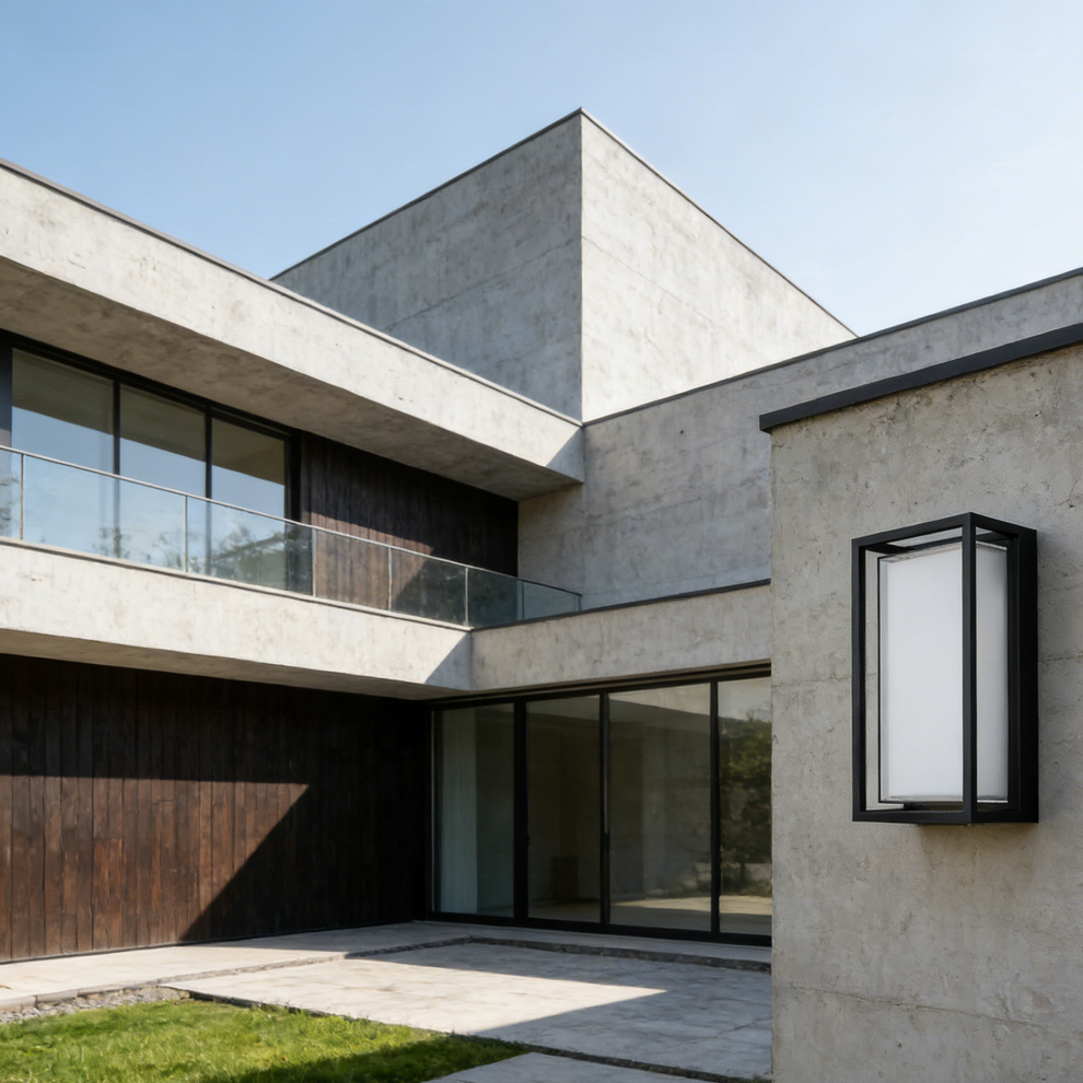 Aplique de pared exterior moderno con marco geométrico, estructura rectangular negra con panel central luminoso, negro, blanco y gris, HTD-EW4426-2 3
