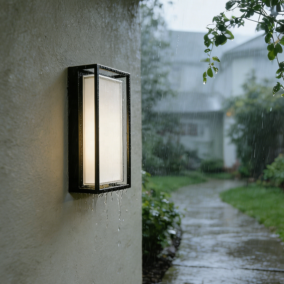 Aplique de pared exterior moderno con marco geométrico, estructura rectangular negra con panel central luminoso, negro, blanco y gris, HTD-EW4426-2 1