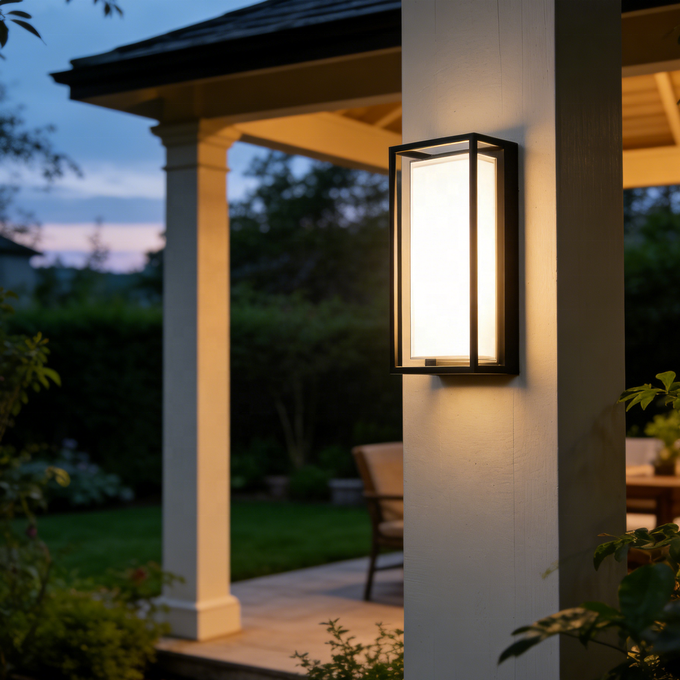 Aplique de pared exterior moderno con marco geométrico, estructura rectangular negra con panel central luminoso, negro, blanco y gris, HTD-EW4426-2 2